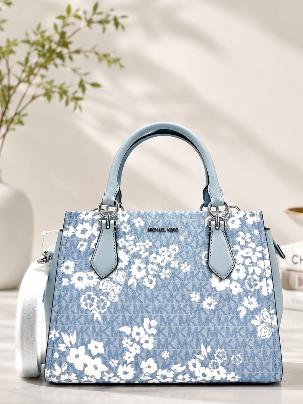 Michael Kors Marilyn Medium Printed Signature Logo Satchel Bag - Pale Ocean